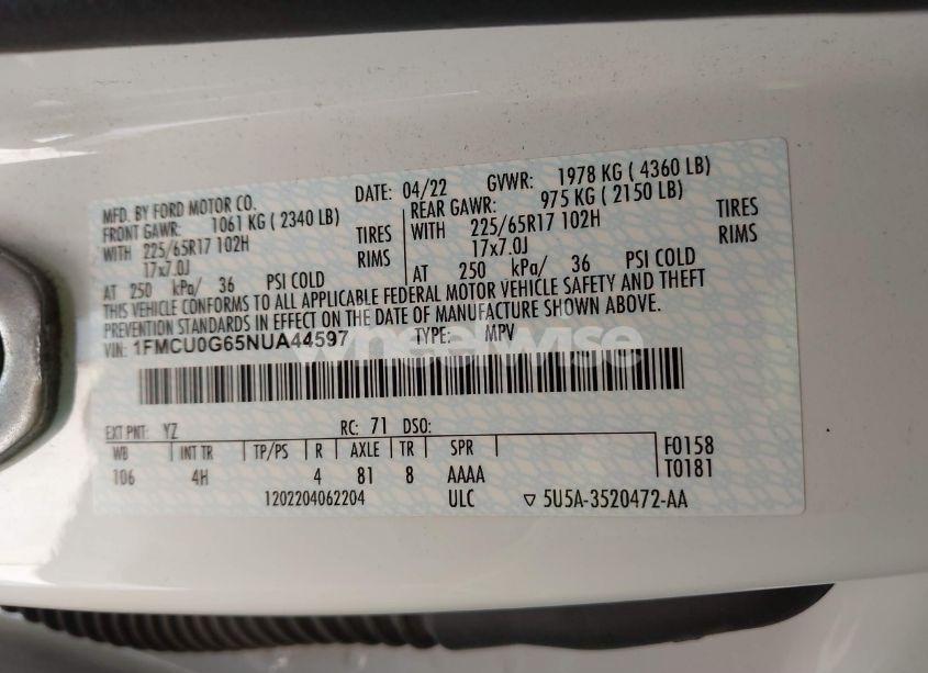 Photo 9 of 2022 Ford Escape SE (VIN 1FMCU0G65NUA44597)