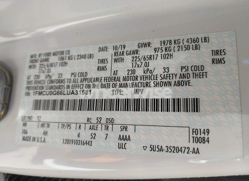 Photo 9 of 2020 Ford Escape SE (VIN 1FMCU0G66LUA31581)