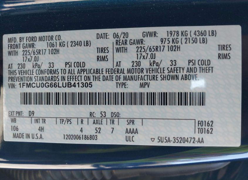 Photo 9 of 2020 Ford Escape SE (VIN 1FMCU0G66LUB41305)