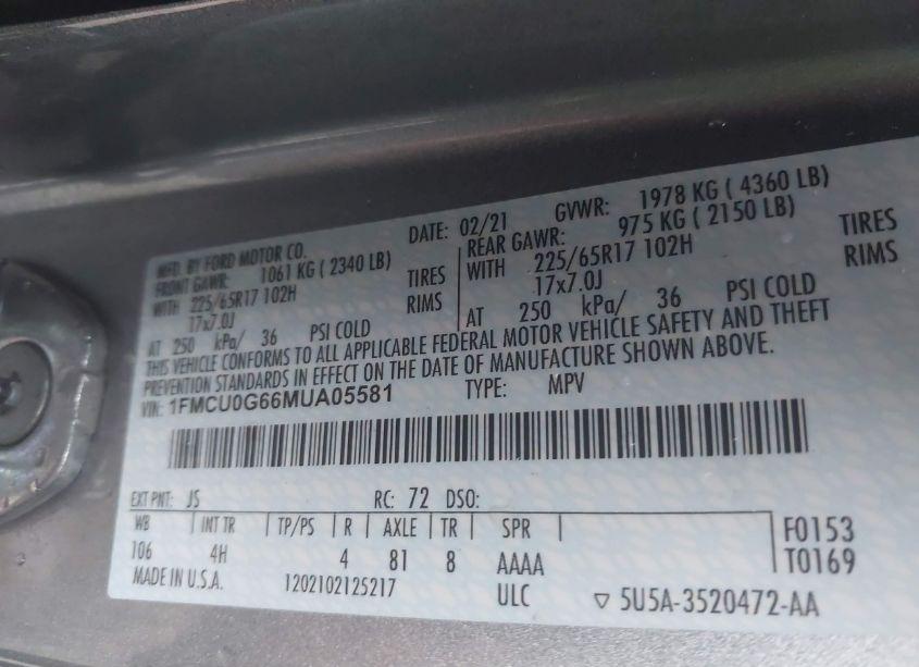 Photo 9 of 2021 Ford Escape SE (VIN 1FMCU0G66MUA05581)