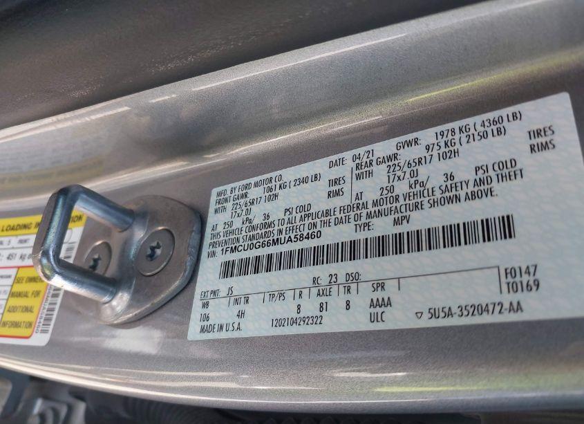 Photo 9 of 2021 Ford Escape SE (VIN 1FMCU0G66MUA58460)