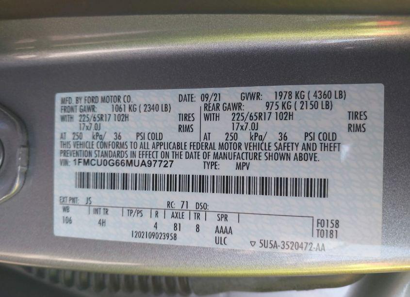 Photo 9 of 2021 Ford Escape SE (VIN 1FMCU0G66MUA97727)