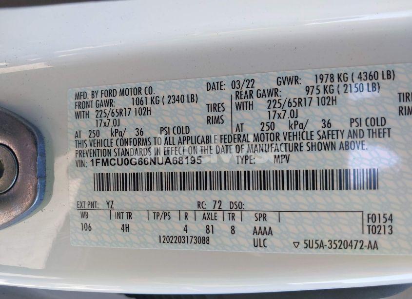 Photo 9 of 2022 Ford Escape SE (VIN 1FMCU0G66NUA68195)