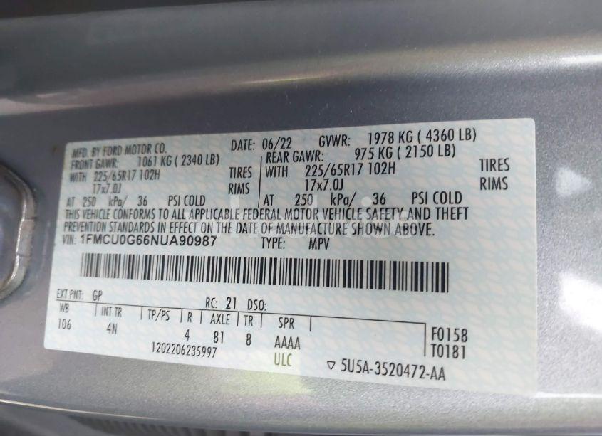 Photo 9 of 2022 Ford Escape SE (VIN 1FMCU0G66NUA90987)