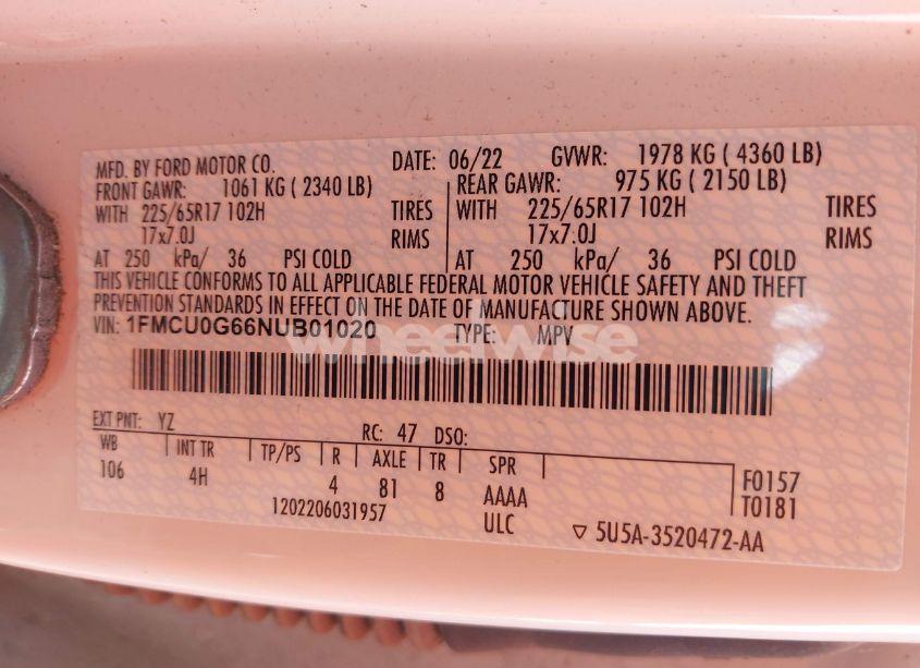 Photo 9 of 2022 Ford Escape SE (VIN 1FMCU0G66NUB01020)