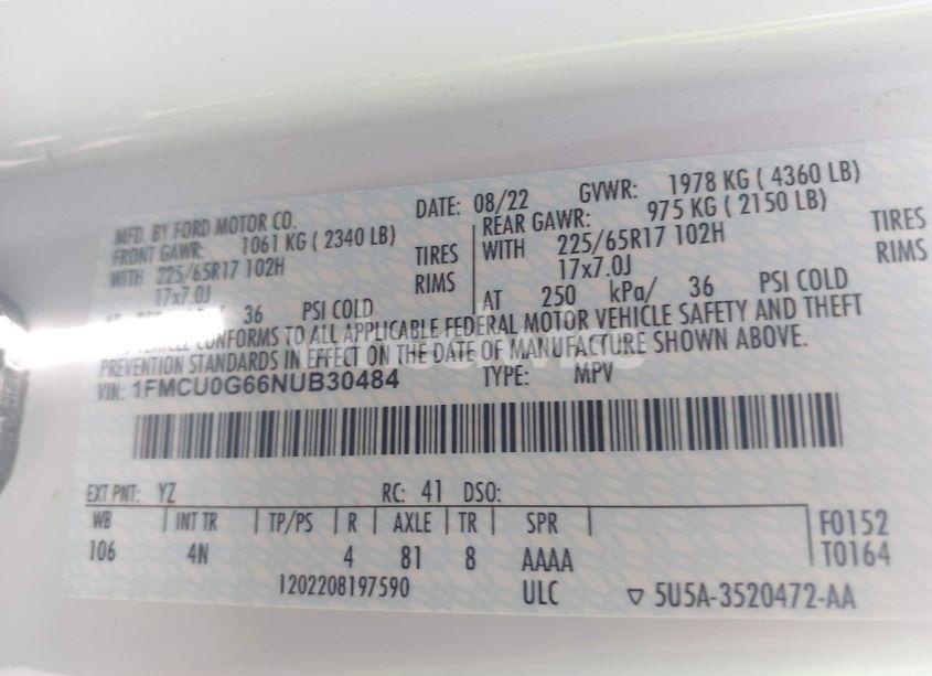 Photo 9 of 2022 Ford Escape SE (VIN 1FMCU0G66NUB30484)