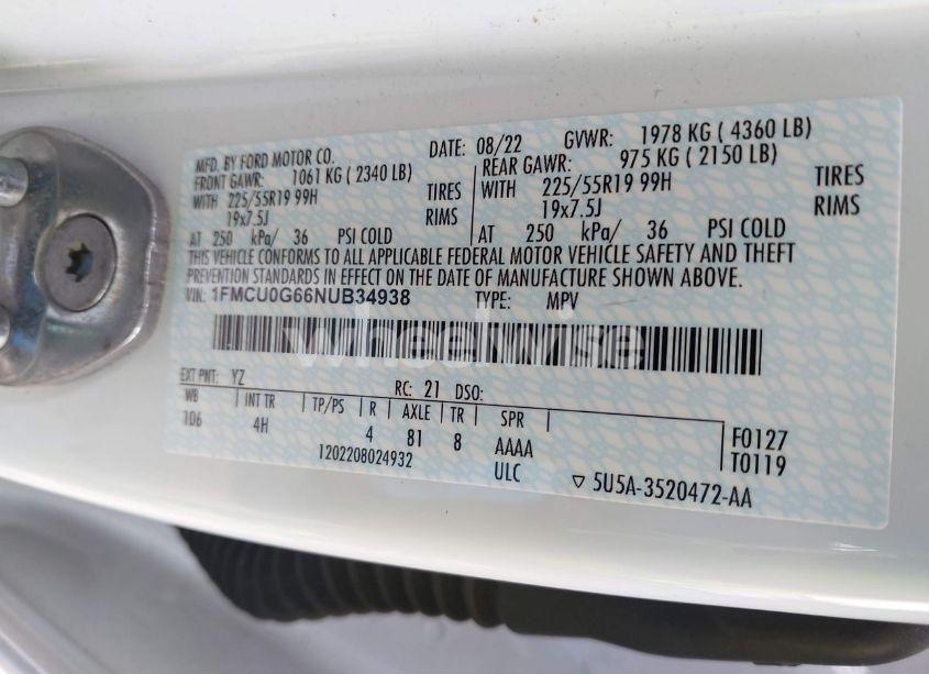 Photo 9 of 2022 Ford Escape SE (VIN 1FMCU0G66NUB34938)