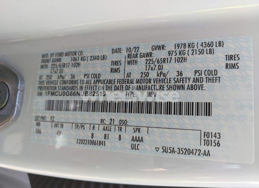 Photo 9 of 2022 Ford Escape SE (VIN 1FMCU0G66NUB82519)