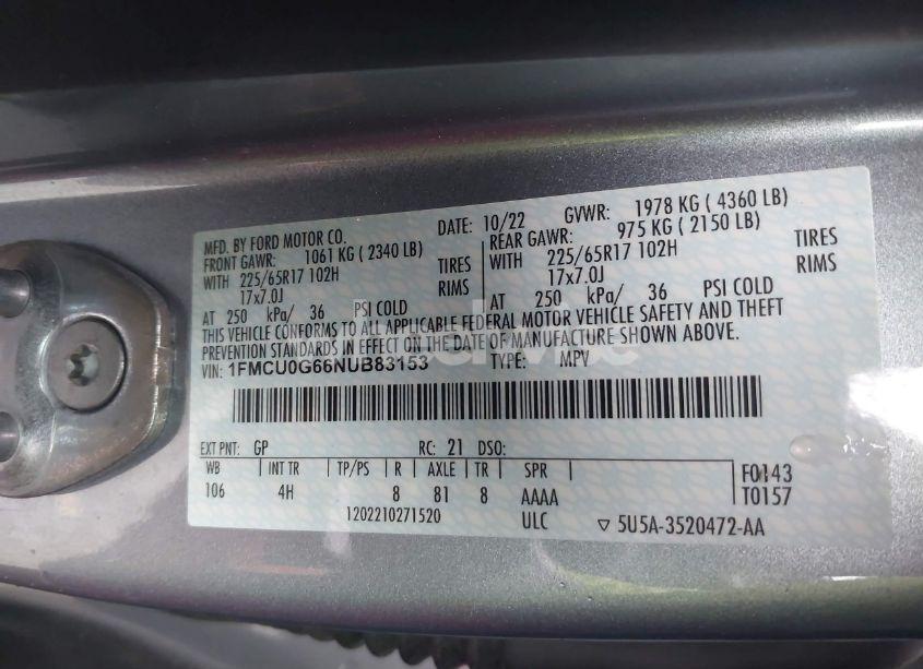 Photo 9 of 2022 Ford Escape SE (VIN 1FMCU0G66NUB83153)