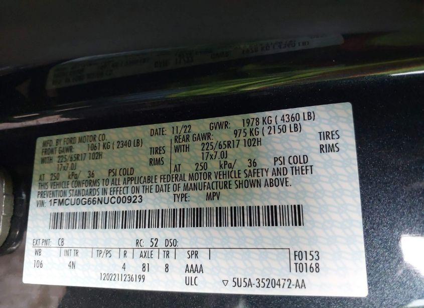 Photo 9 of 2022 Ford Escape SE (VIN 1FMCU0G66NUC00923)