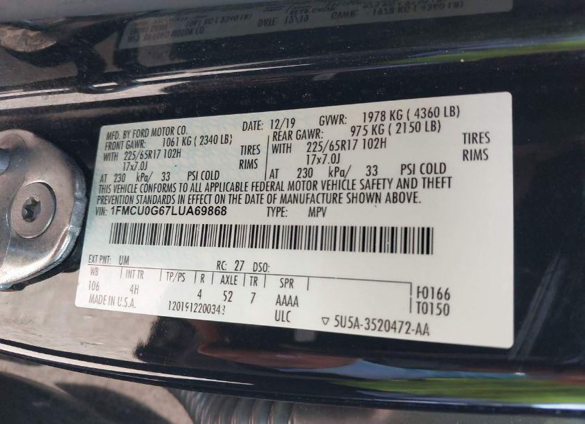 Photo 9 of 2020 Ford Escape SE (VIN 1FMCU0G67LUA69868)