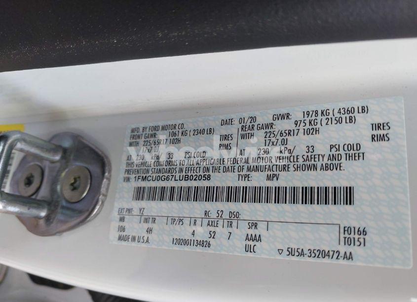 Photo 9 of 2020 Ford Escape SE (VIN 1FMCU0G67LUB02058)