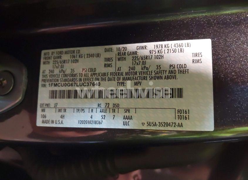 Photo 9 of 2020 Ford Escape SE (VIN 1FMCU0G67LUC37640)