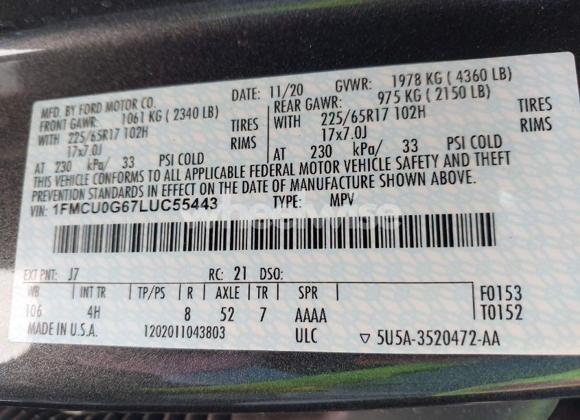 Photo 9 of 2020 Ford Escape SE (VIN 1FMCU0G67LUC55443)