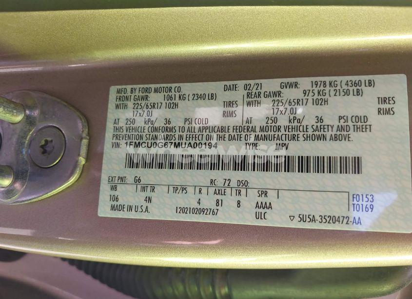 Photo 9 of 2021 Ford Escape SE (VIN 1FMCU0G67MUA00194)