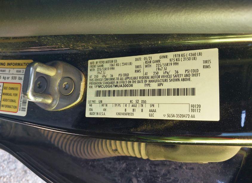 Photo 9 of 2021 Ford Escape SE (VIN 1FMCU0G67MUA30036)