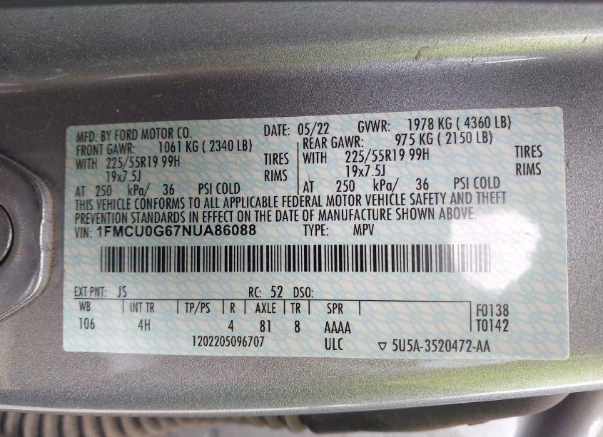 Photo 9 of 2022 Ford Escape SE (VIN 1FMCU0G67NUA86088)