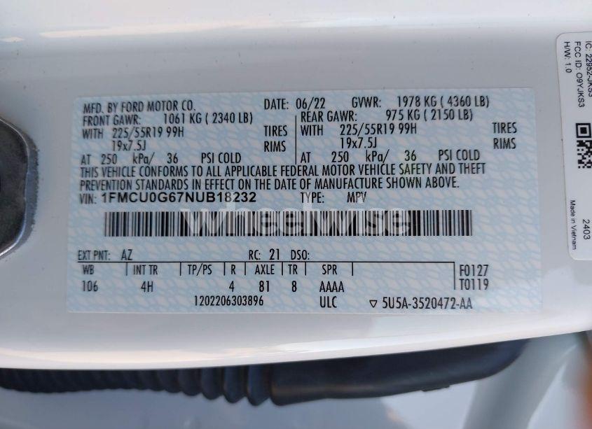 Photo 9 of 2022 Ford Escape SE (VIN 1FMCU0G67NUB18232)