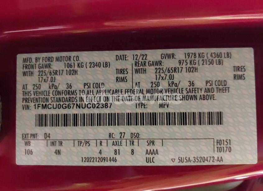 Photo 9 of 2022 Ford Escape SE (VIN 1FMCU0G67NUC02387)