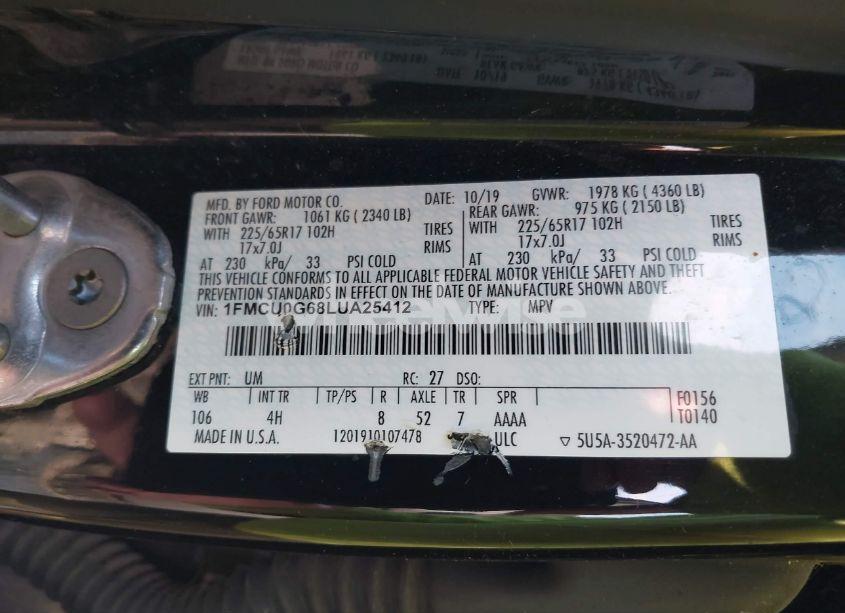 Photo 9 of 2020 Ford Escape SE (VIN 1FMCU0G68LUA25412)