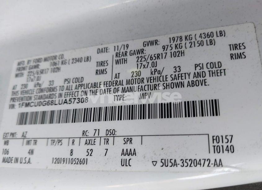 Photo 9 of 2020 Ford Escape SE (VIN 1FMCU0G68LUA57308)