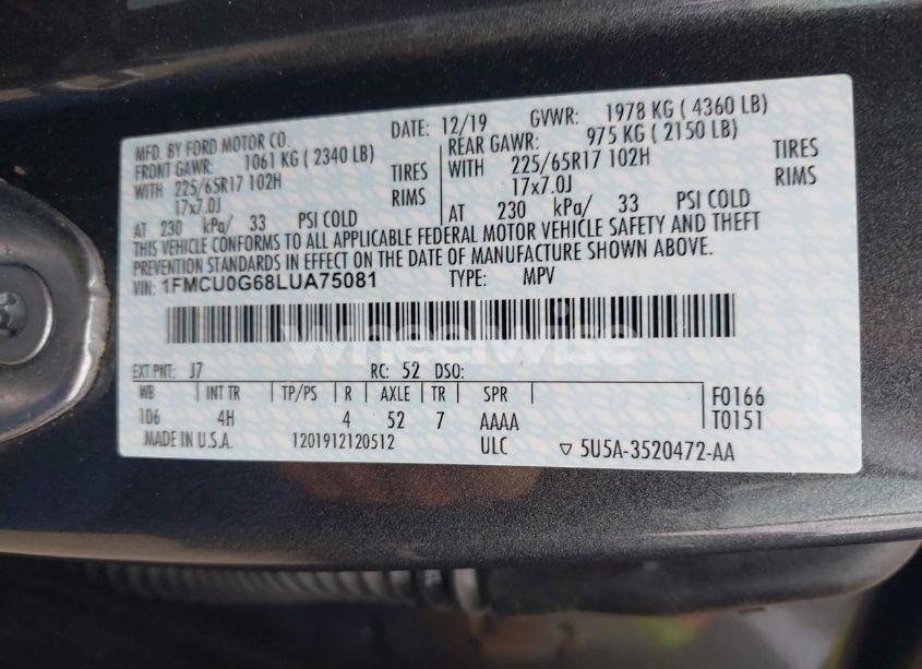 Photo 9 of 2020 Ford Escape SE (VIN 1FMCU0G68LUA75081)
