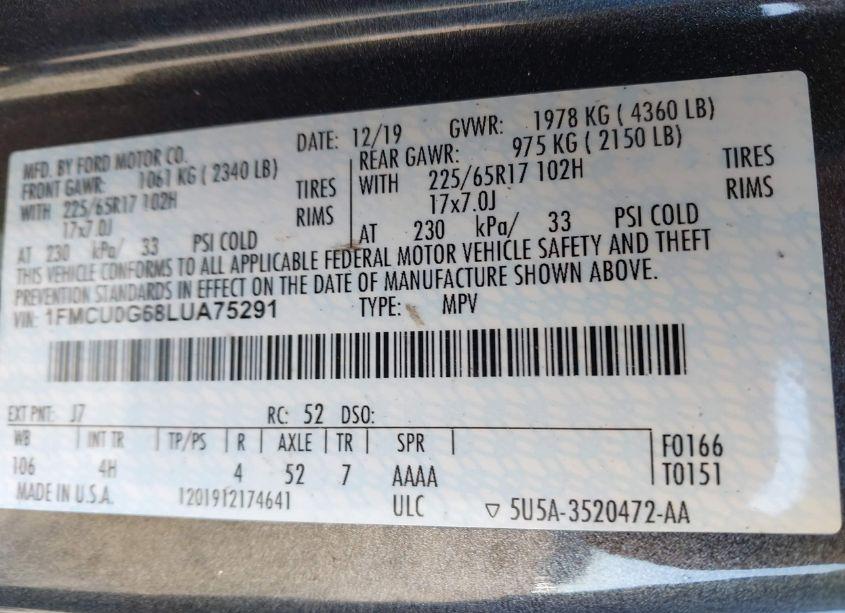 Photo 9 of 2020 Ford Escape SE (VIN 1FMCU0G68LUA75291)