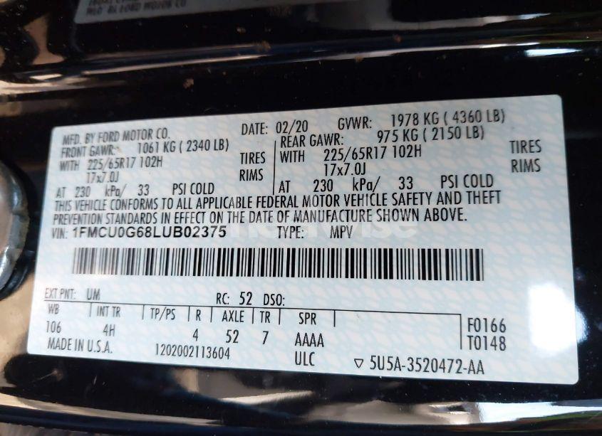 Photo 9 of 2020 Ford Escape SE (VIN 1FMCU0G68LUB02375)