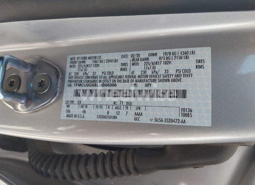 Photo 9 of 2020 Ford Escape SE (VIN 1FMCU0G68LUB06006)