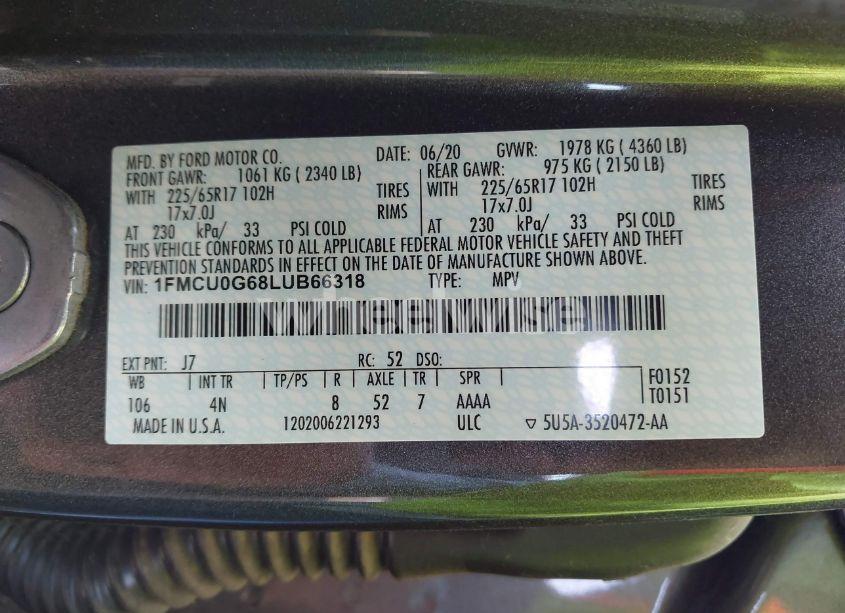 Photo 9 of 2020 Ford Escape SE (VIN 1FMCU0G68LUB66318)