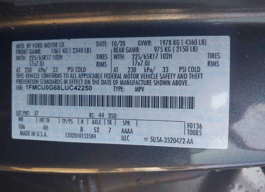 Photo 9 of 2020 Ford Escape SE (VIN 1FMCU0G68LUC42250)