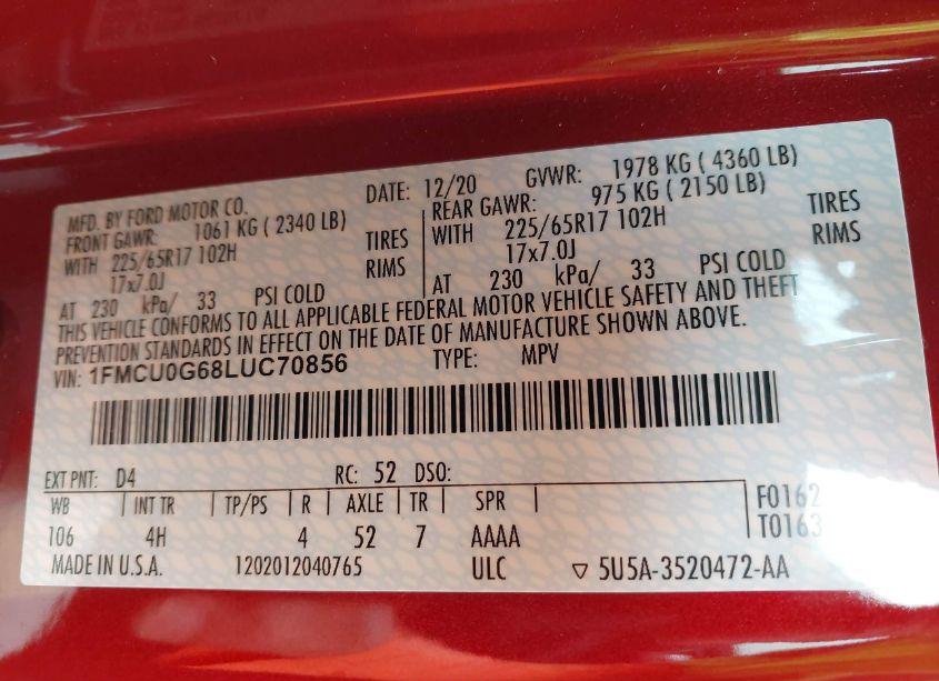 Photo 9 of 2020 Ford Escape SE (VIN 1FMCU0G68LUC70856)