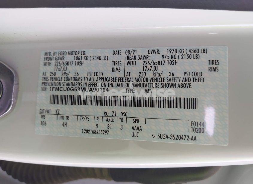 Photo 9 of 2021 Ford Escape SE (VIN 1FMCU0G68MUA90164)