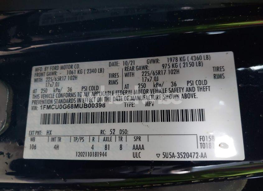 Photo 9 of 2021 Ford Escape SE (VIN 1FMCU0G68MUB00398)