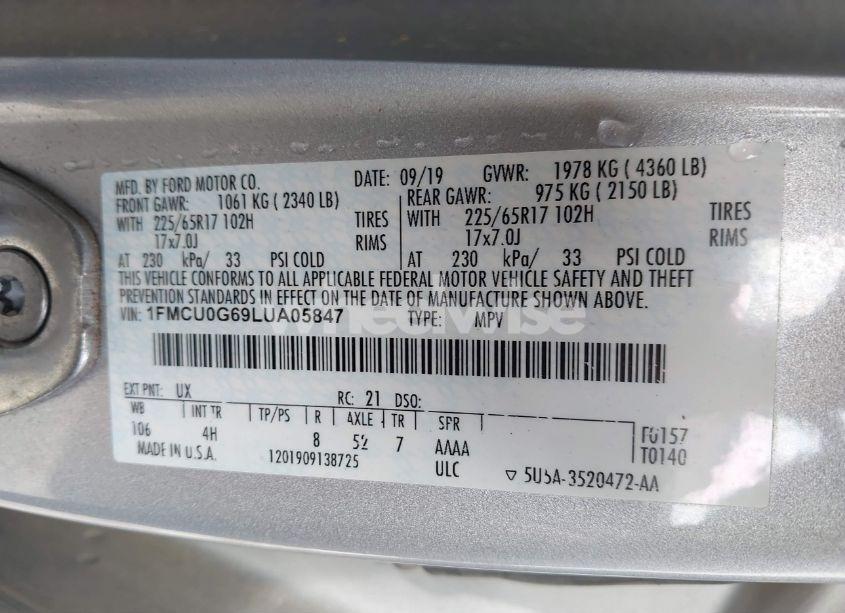 Photo 9 of 2020 Ford Escape SE (VIN 1FMCU0G69LUA05847)