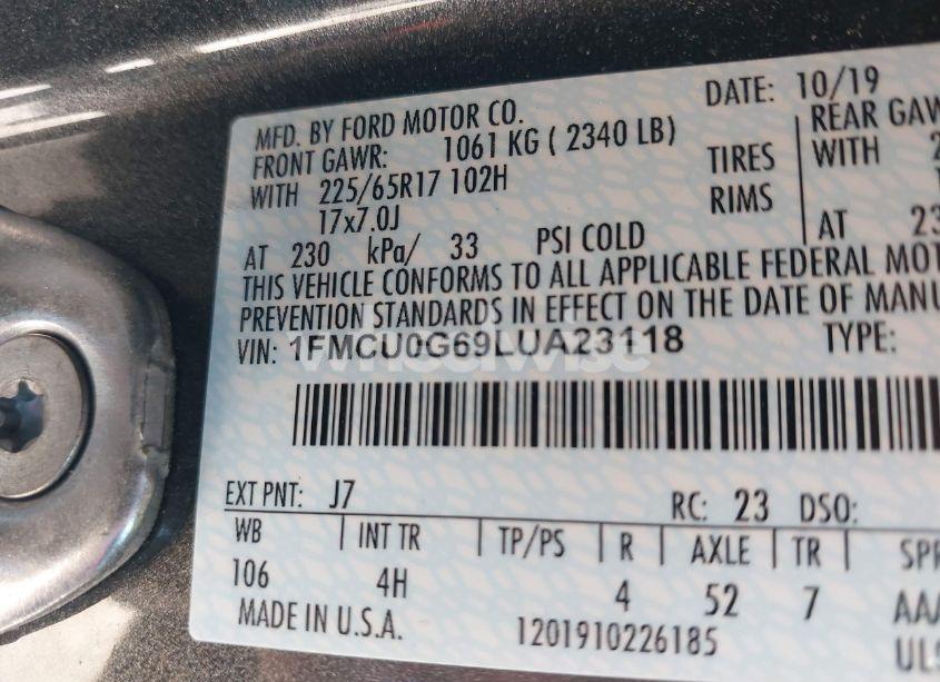 Photo 9 of 2020 Ford Escape SE (VIN 1FMCU0G69LUA23118)