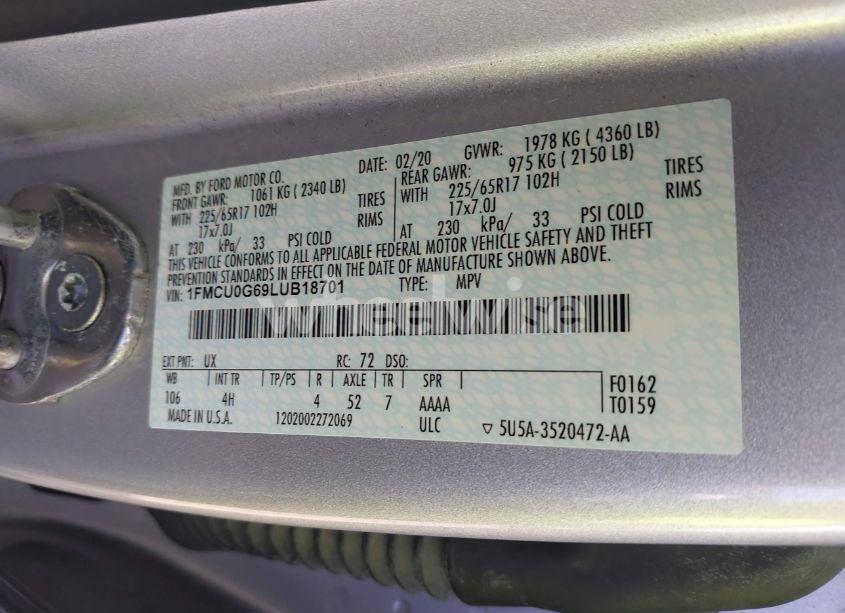 Photo 9 of 2020 Ford Escape SE (VIN 1FMCU0G69LUB18701)