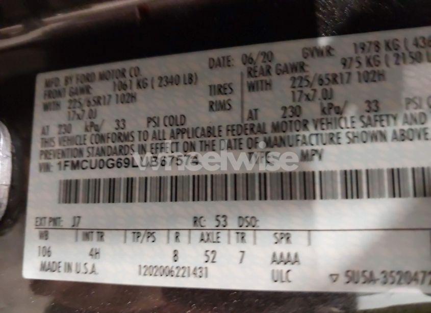 Photo 9 of 2020 Ford Escape SE (VIN 1FMCU0G69LUB67574)