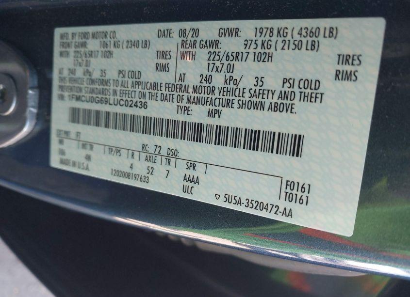 Photo 9 of 2020 Ford Escape SE (VIN 1FMCU0G69LUC02436)