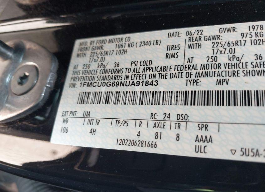 Photo 9 of 2022 Ford Escape SE (VIN 1FMCU0G69NUA91843)