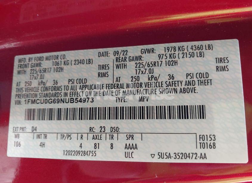 Photo 9 of 2022 Ford Escape SE (VIN 1FMCU0G69NUB54973)