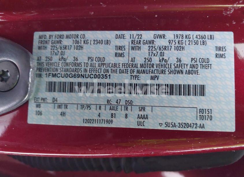 Photo 9 of 2022 Ford Escape SE (VIN 1FMCU0G69NUC00351)