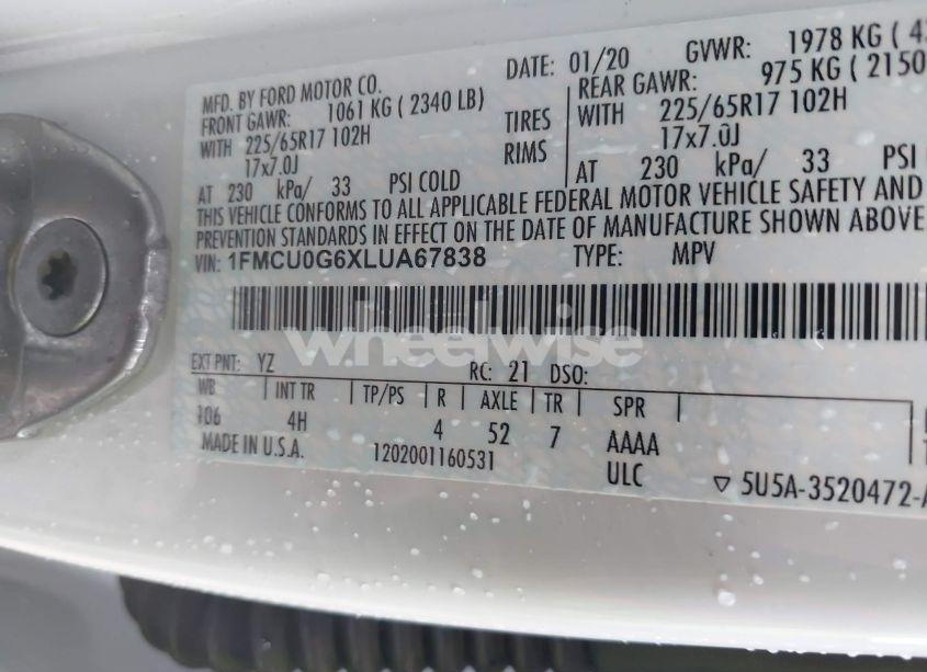 Photo 9 of 2020 Ford Escape SE (VIN 1FMCU0G6XLUA67838)