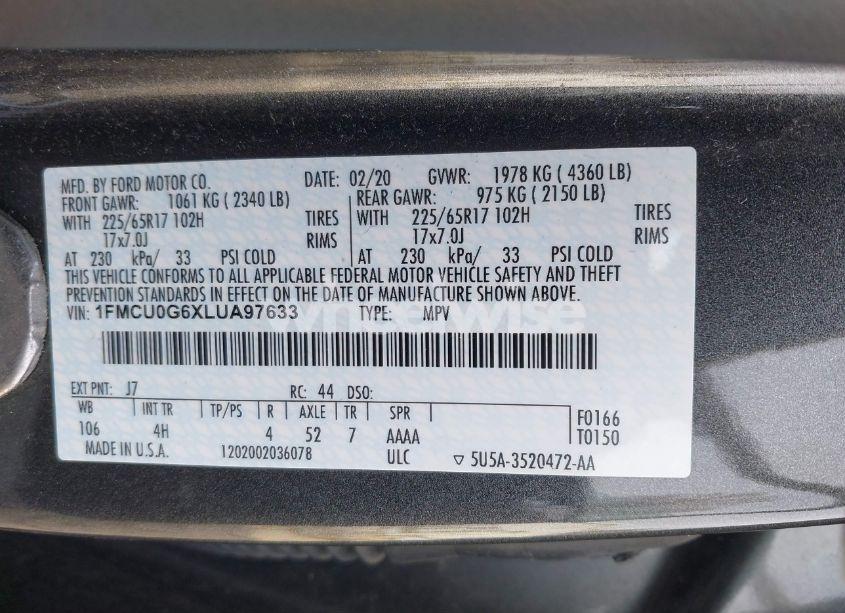 Photo 9 of 2020 Ford Escape SE (VIN 1FMCU0G6XLUA97633)