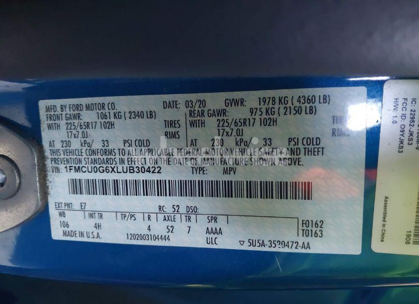 Photo 9 of 2020 Ford Escape SE (VIN 1FMCU0G6XLUB30422)