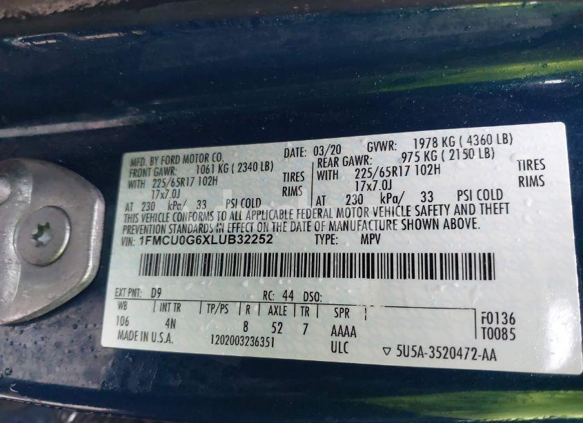 Photo 9 of 2020 Ford Escape SE (VIN 1FMCU0G6XLUB32252)