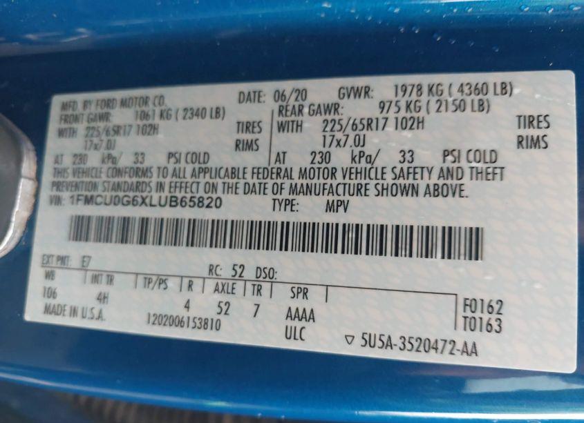 Photo 9 of 2020 Ford Escape SE (VIN 1FMCU0G6XLUB65820)