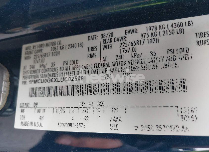 Photo 9 of 2020 Ford Escape SE (VIN 1FMCU0G6XLUC02509)