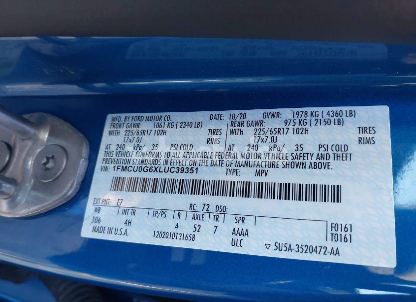 Photo 9 of 2020 Ford Escape SE (VIN 1FMCU0G6XLUC39351)