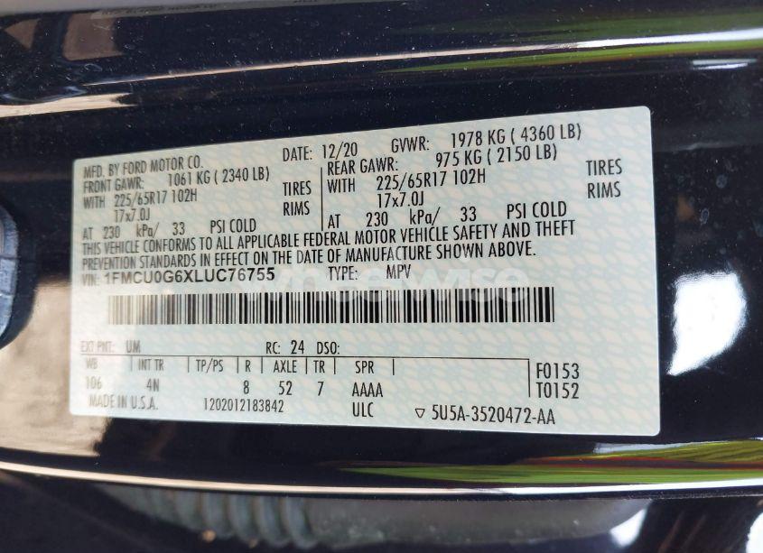 Photo 9 of 2020 Ford Escape SE (VIN 1FMCU0G6XLUC76755)